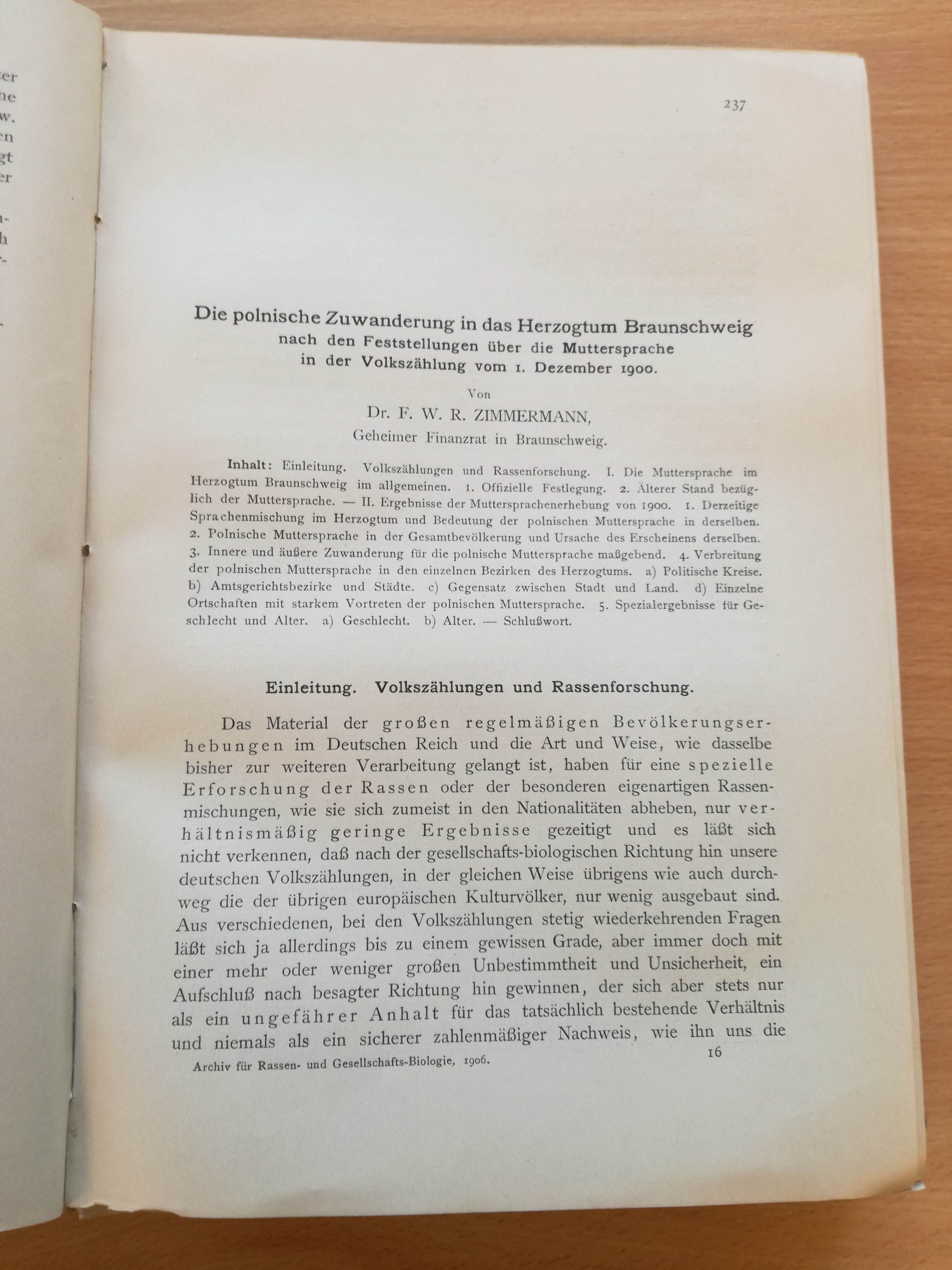 Zimmermann, Die polnische Zuwanderung in das Herzogtum Braunschweig, in Archiv für Rassen- und Gesellschafts-Biologie